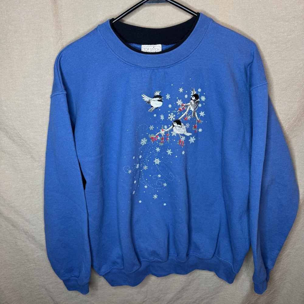 Top Stitch by Morning Sun Vintage Blue Chickadee Bird Winter Sweatshirt 1X